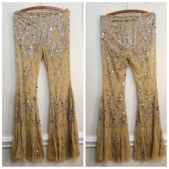 Free People Center Stage Embellished Flare Pants In Nude Size Small - Picture 5 of 8